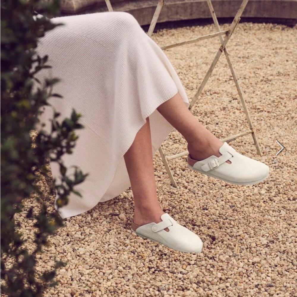 Birkenstock Boston Mules Antique White Suede Leather Slides